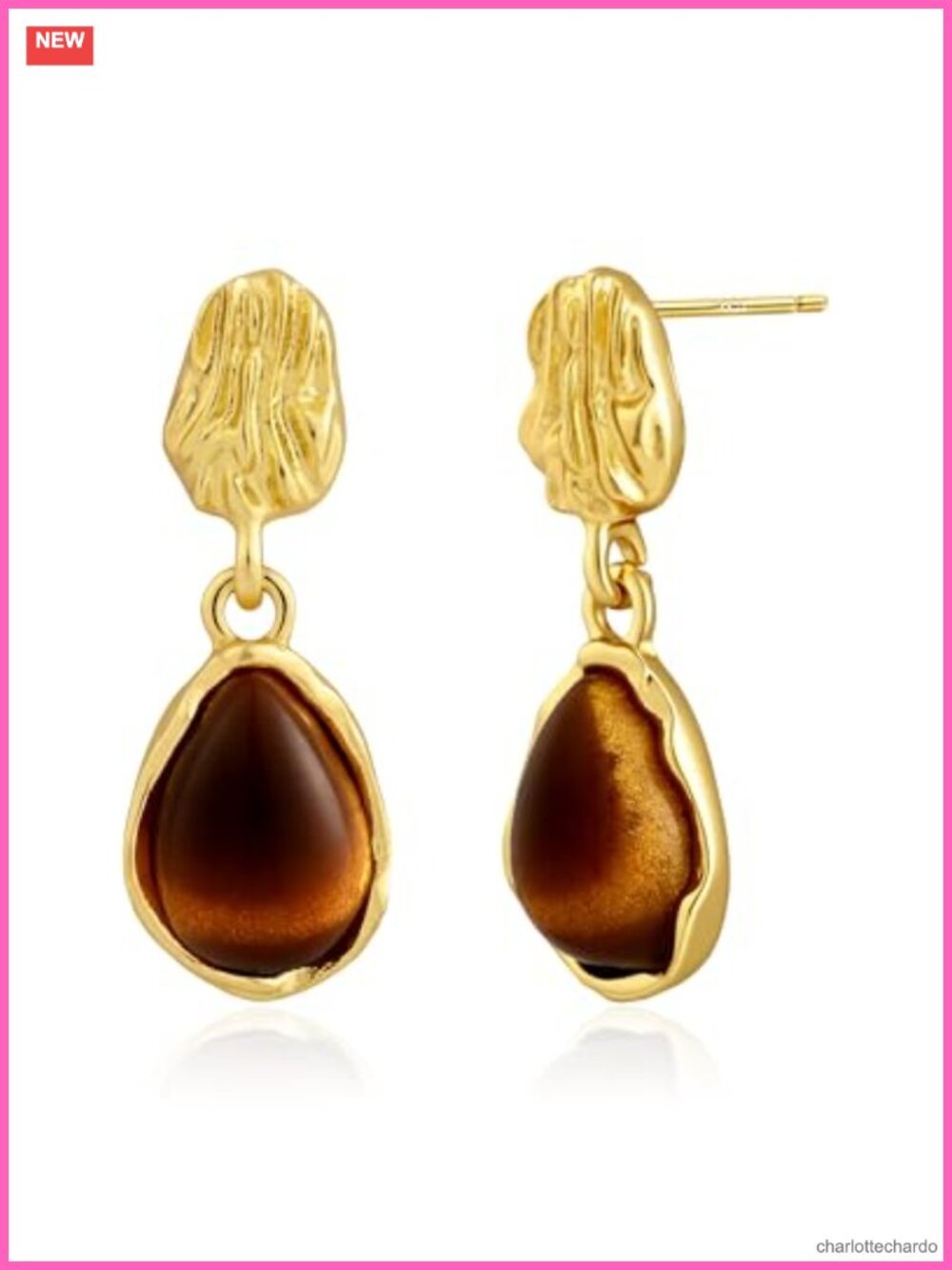 14k Gold Plated Tiger Eye Teardrop Drop Dangle Earrings Handmade Vintage